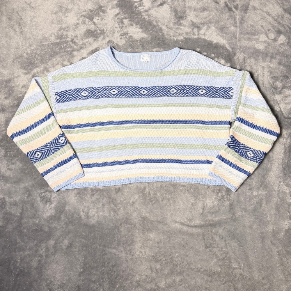 Francescas Womens Medium Pastel Striped Cropped Sweater Blue Green Aztec